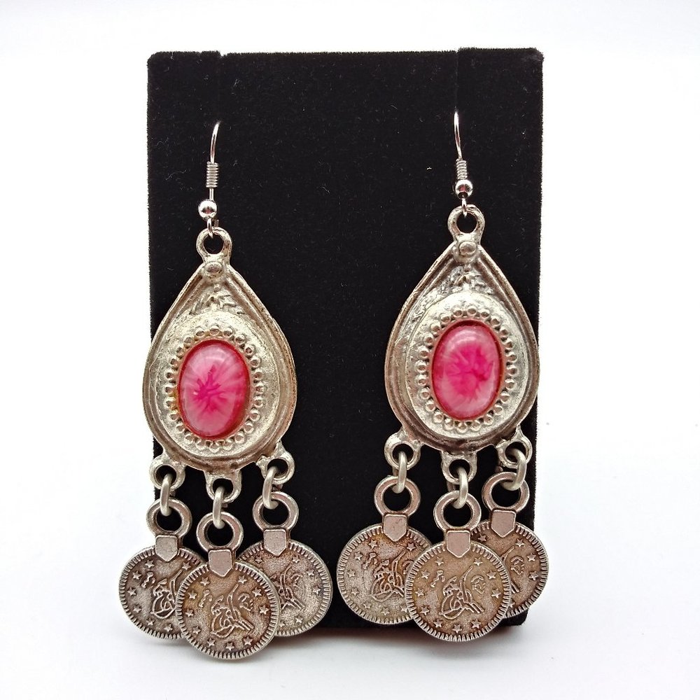 Boho Silver/Fuchsia Drop  Earrings